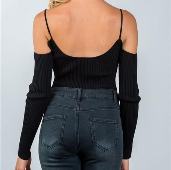 Audra Ribbed Cold Shoulder Bodysuit (Black) - Picture 3 of 8